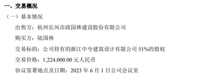 米乐 M6米乐长风股份以1224万的价格将持有的浙江中兮建筑设计有限公司51%的股权转让给陆国林(图1)