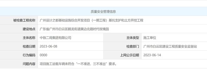 米乐M6 米乐广州设计之都项目施工运载车辆未符要求中铁二局被公示(图1)