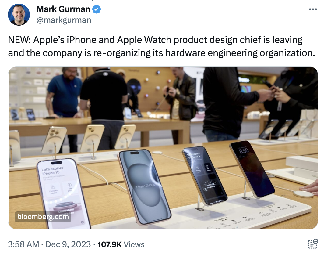 苹果巨震！iPhone、Apple Watch产品设计主管将离职；特斯拉Dojo超算项目负责人辞职；FDA批准首款CRISPR基因编辑疗法；13家公司申请！比特币ETF有望批量上市一周事件(图1)