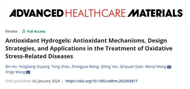 上海理工大学王世革教授《AHM》：抗氧化水凝胶！抗氧化机制、设计策略以及在应激相关疾病治疗中的应用(图1)